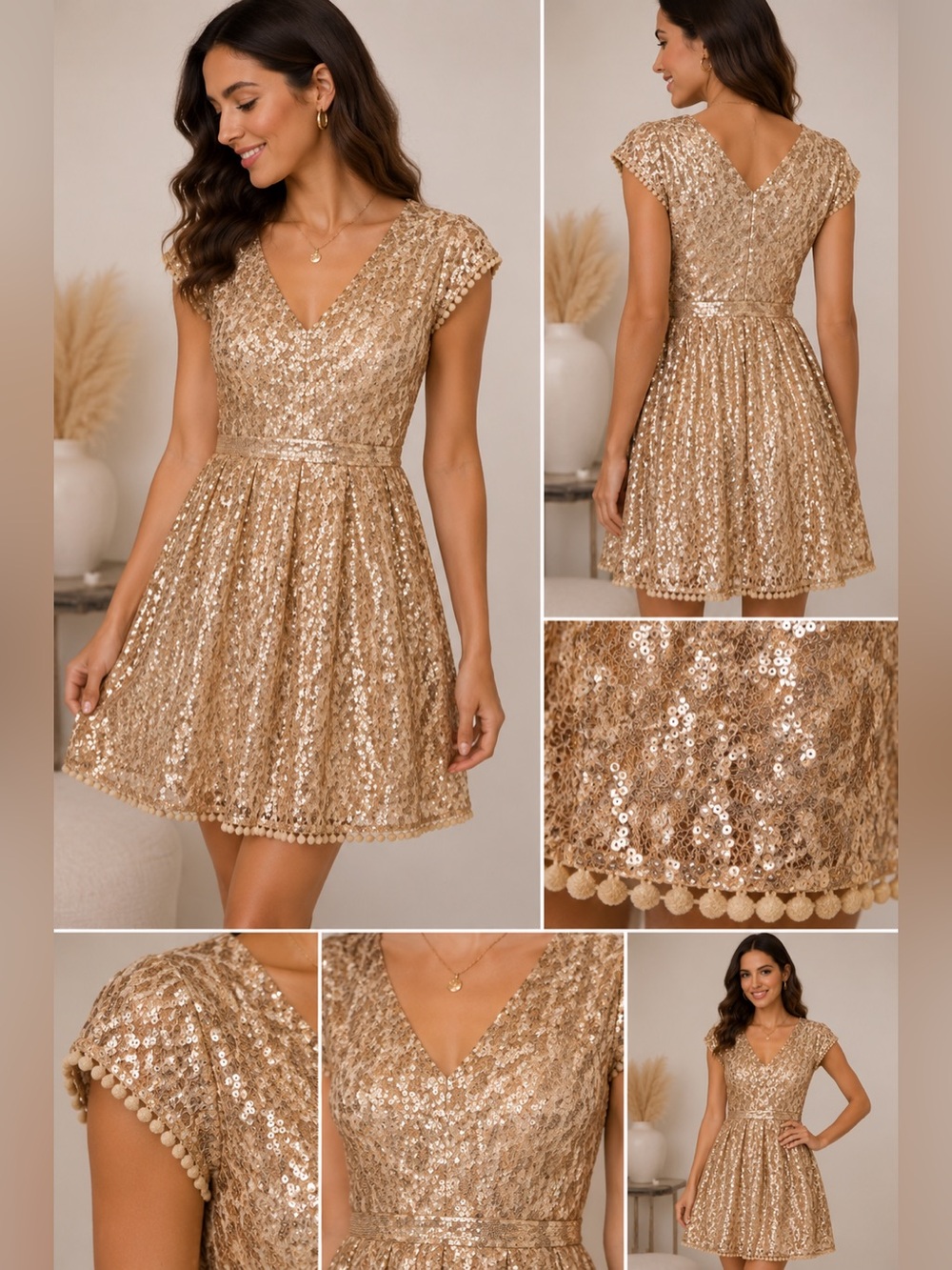 C. Luce Gold Champagne Sequin Cocktail Dress Large V-Neck Cap Sleeve Party L